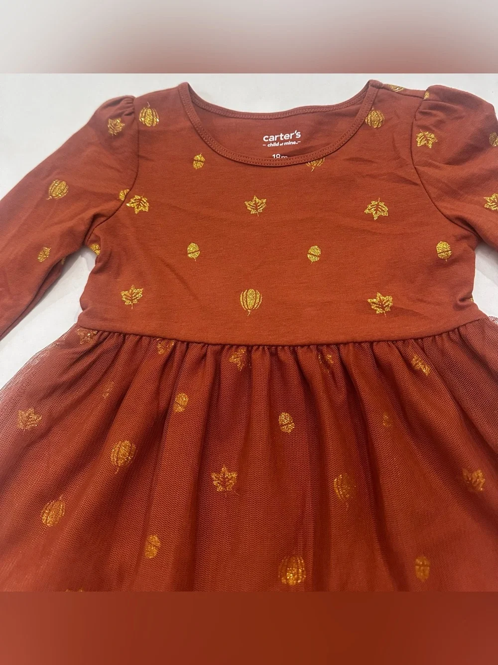 Carter's Girls Long Sleeve Brown Fall Dress with Gold Leaf Print Size 18 Months
